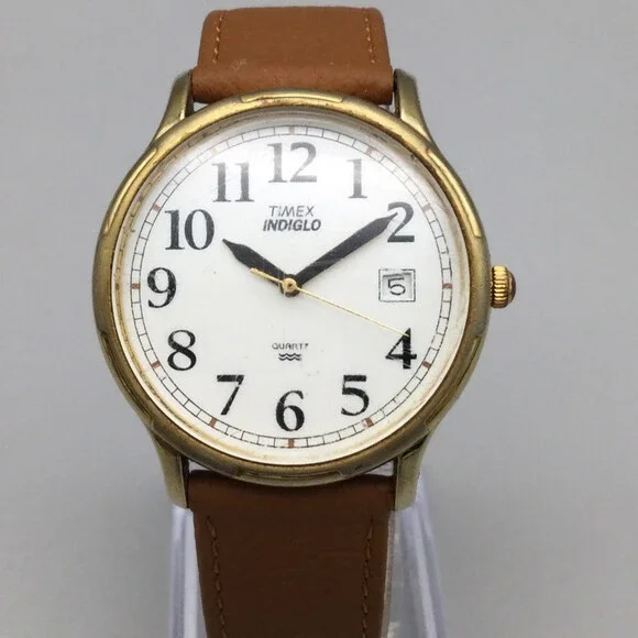 Vtg Timex Indiglo Watch Men 35mm Gold Tone Date Leather Band New Battery - Picture 1 of 15